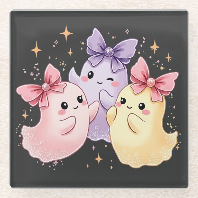 Cute Kawaii Pastel Ghosts with Sparkly Bows Glass Coaster (Front)