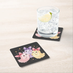 Cute Kawaii Pastel Ghosts with Sparkly Bows Square Paper Coaster