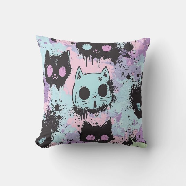 Cute Kawaii Pastel Goth Patchwork Creepy Cat Cushion (Front)