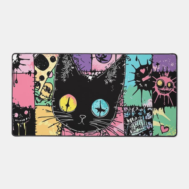 Cute Kawaii Pastel Goth Patchwork Creepy Cat Desk Mat (Front)