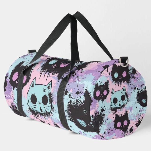 Cute Kawaii Pastel Goth Patchwork Creepy Cat Duffle Bag (Left Corner)