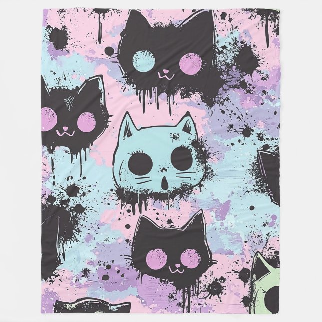 Cute Kawaii Pastel Goth Patchwork Creepy Cat Fleece Blanket (Front)