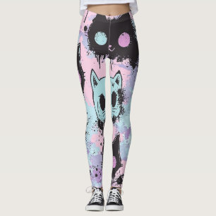 Cute Kawaii Pastel Goth Patchwork Creepy Cat Leggings