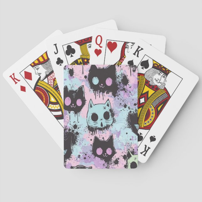Cute Kawaii Pastel Goth Patchwork Creepy Cat Playing Cards (Back)