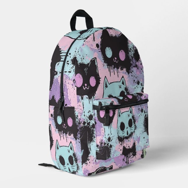 Cute Kawaii Pastel Goth Patchwork Creepy Cat Printed Backpack (Back Corner Left)