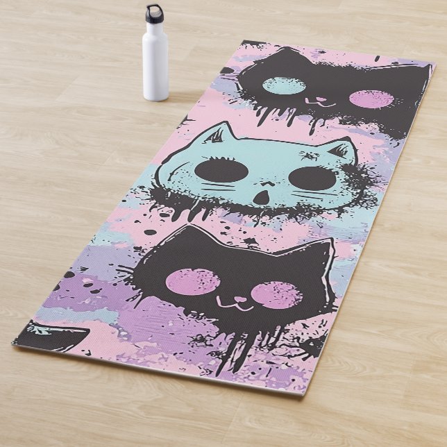 Cute Kawaii Pastel Goth Patchwork Creepy Cat Yoga Mat (In Situ)