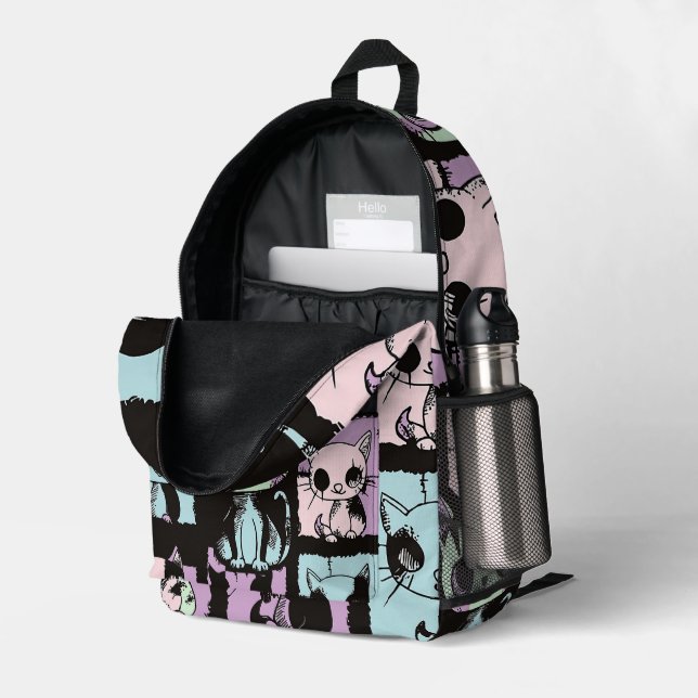 Cute Kawaii Pastel Goth Patchwork Gothic Creepy Printed Backpack (Back Corner Right (Open))