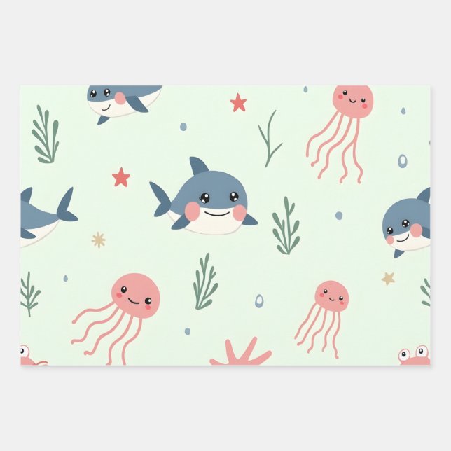 Cute Kawaii Pastel Ocean Animals Wrapping Paper Sheet (Front)