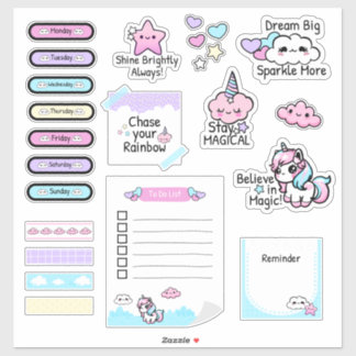 Cute Kawaii Pastel Unicorn Planner Sticker Sheet
