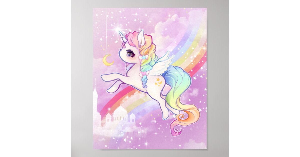 Cute Kawaii Pastel Unicorn With Rainbow And Castle Poster