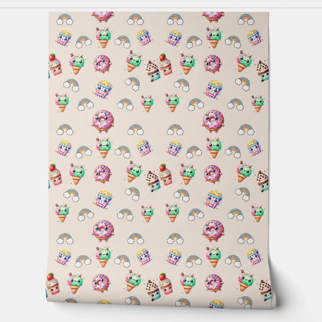 Cute Kawaii  Patterned Food Wallpaper (Unrolling)