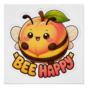 Cute Kawaii Peach Bee Happy Funny Pun Poster