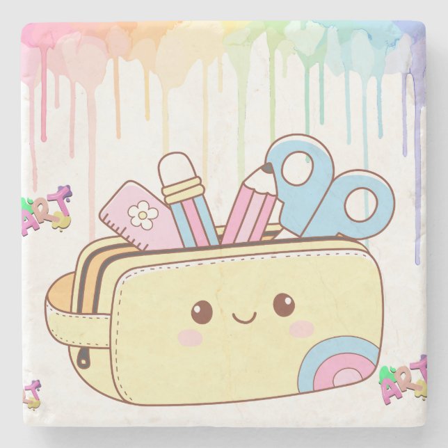 Cute Kawaii Pencil Case Stone Coaster (Front)