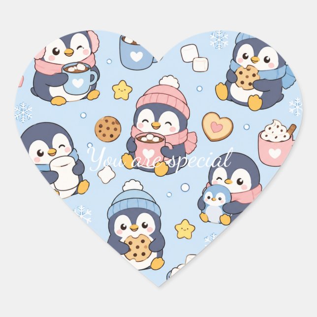 Cute Kawaii Penguin Winter Pattern | Cozy Hot Coco Heart Sticker (Front)