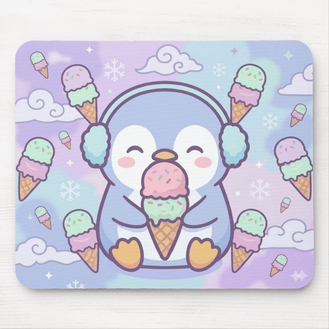 Cute Kawaii Penguin with Ice Cream Mouse Pad (Front)