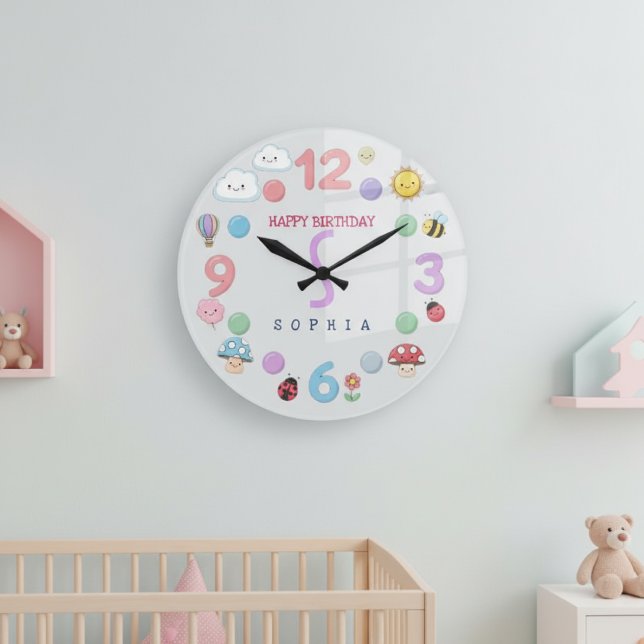 Cute Kawaii Personalised Birthday Name Large Clock (Creator Uploaded)