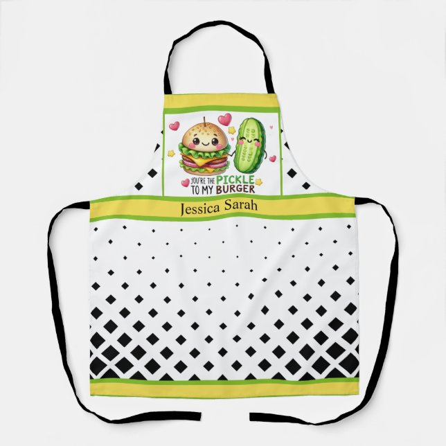 Cute Kawaii Pickles and Burgers Apron (Front)
