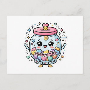 Cute Kawaii Piggy Bank Charity Jar Heart CoSticker Announcement Postcard