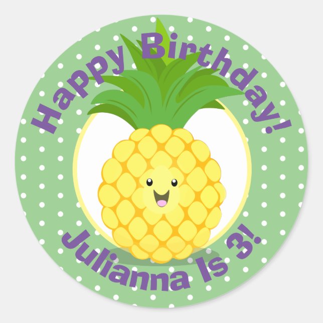 Cute kawaii pineapple cartoon illustration classic round sticker (Front)