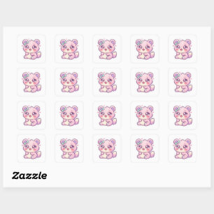 Cute Kawaii Pink Bear Pastel Chibi Kitten Heart St Square Sticker