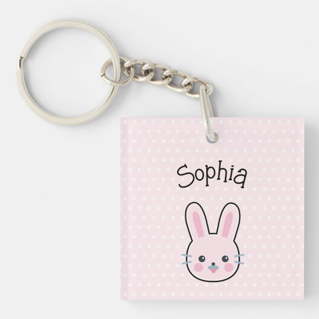 Cute Kawaii Pink Bunny and Polka Dots Key Ring (Front)