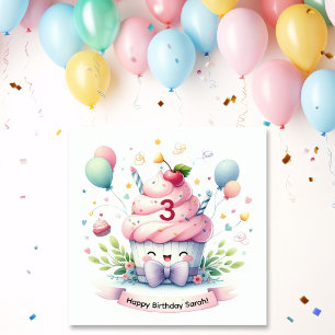 Cute Kawaii Pink Cupcake Happy Birthday Card