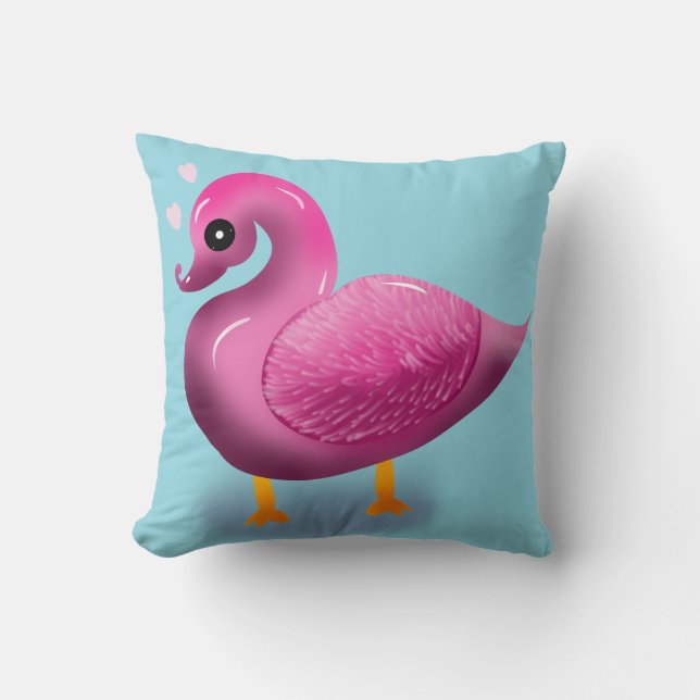 Cute Kawaii Pink Duck & Hearts Nursery Art Cushion (Front)
