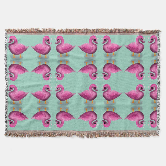 Cute Kawaii Pink Duck & Hearts Nursery Art Throw Blanket (Front)