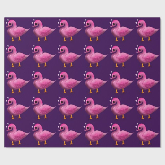Cute Kawaii Pink Duck & Hearts Nursery Art Wrapping Paper (Flat)