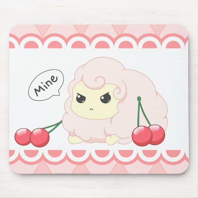 Cute kawaii pink fiesty sheep with cherries mouse pad (Front)