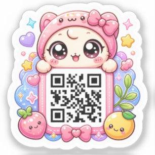Cute Kawaii Pink QR Code Character Floral Pastel R