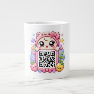 Cute Kawaii Pink QR Code Character Floral Pastel R Large Coffee Mug