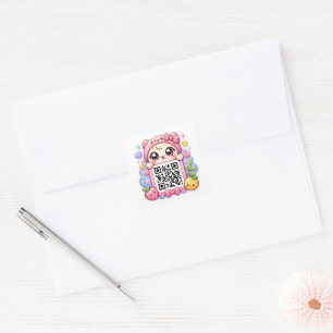 Cute Kawaii Pink QR Code Character Floral Pastel R Square Sticker