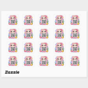 Cute Kawaii Pink QR Code Character Floral Pastel R Square Sticker