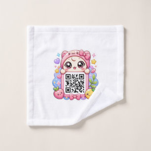Cute Kawaii Pink QR Code Character Floral Pastel R Wash Cloth