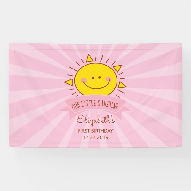 Cute Kawaii Pink Sunshine Kids 1st Birthday Party Banner (Horizontal)