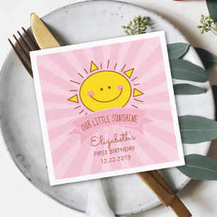 Cute Kawaii Pink Sunshine Kids 1st Birthday Party Napkin