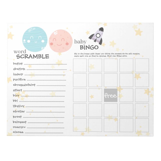 Cute Kawaii Planet Baby Gender Reveal Games Notepad (Front)