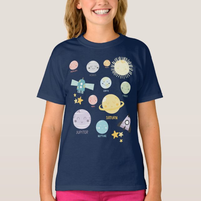 Cute Kawaii Planet Solar System Astronomy T-Shirt (Front)