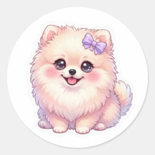 Cute Kawaii Pomeranian Puppy Dog Purple Bow Pastel Classic Round Sticker