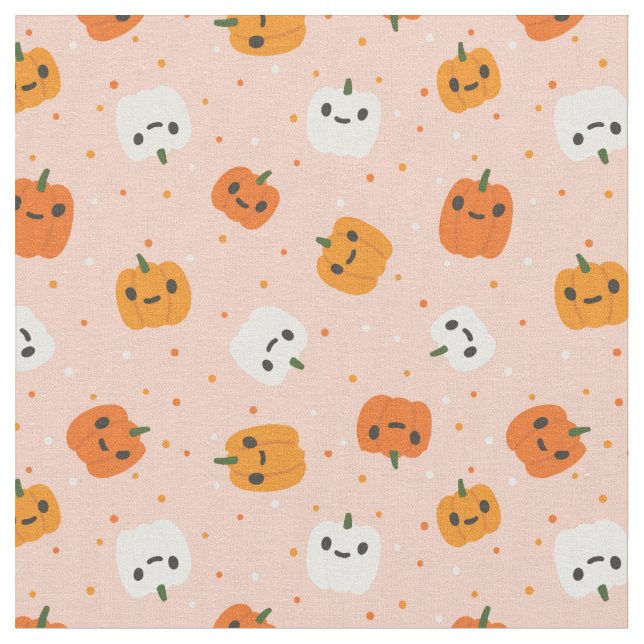 Cute Kawaii Pumpkin Faces Pattern Fabric (Close Up)