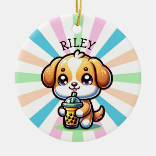 Cute Kawaii Puppy Dog with Bubble Tea Personalised Ceramic Ornament