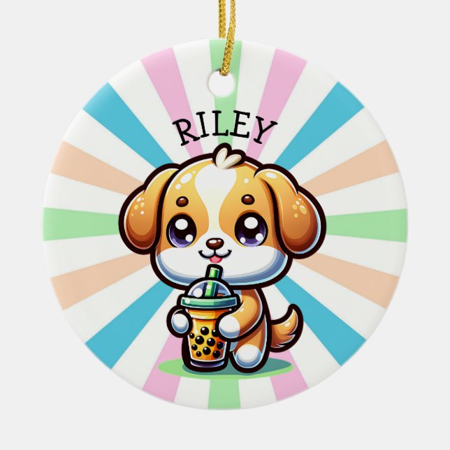 Cute Kawaii Puppy Dog with Bubble Tea Personalised Ceramic Ornament (Front)