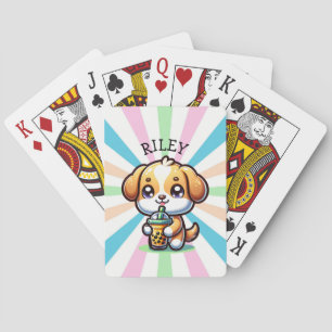 Cute Kawaii Puppy Dog with Bubble Tea Personalised Playing Cards