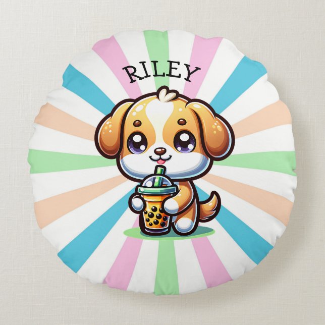 Cute Kawaii Puppy Dog with Bubble Tea Personalised Round Cushion (Front)