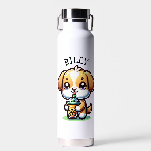 Cute Kawaii Puppy Dog with Bubble Tea Personalised Water Bottle (Front)