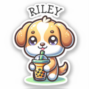 Cute Kawaii Puppy Dog with Bubble Tea Personalized