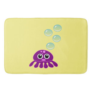 Cute Kawaii Purple Jellyfish with Blue Bubbles Bath Mat