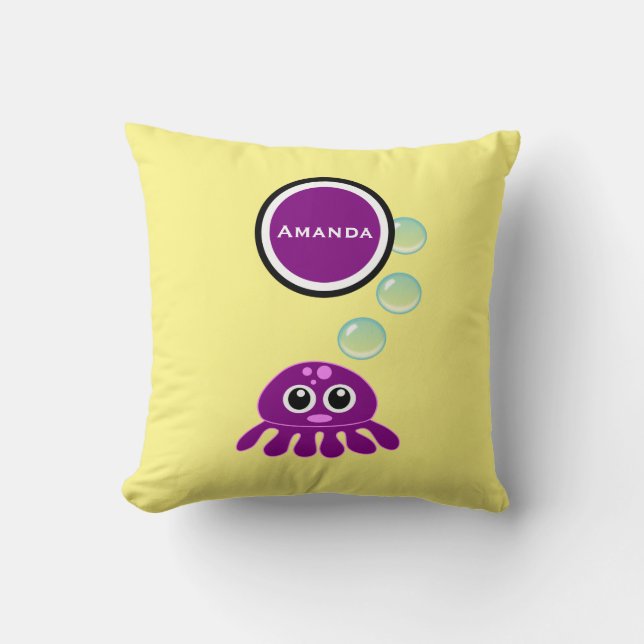 Cute Kawaii Purple Jellyfish with Blue Bubbles Cushion (Front)