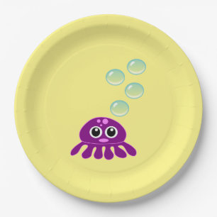 Cute Kawaii Purple Jellyfish with Blue Bubbles Paper Plate